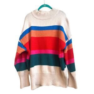 BKE Cream with Multicolor Wide StripesMock Neck Pullover Swearter